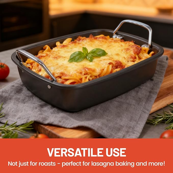24lb Carbon Steel Nonstick Roasting Pan with Rack - BPA Free, Leak-Proof, 450°F Heat Resistant (17x13x4in) | Oil-Draining, Dishwasher Safe for Thanksgiving Christmas Turkey