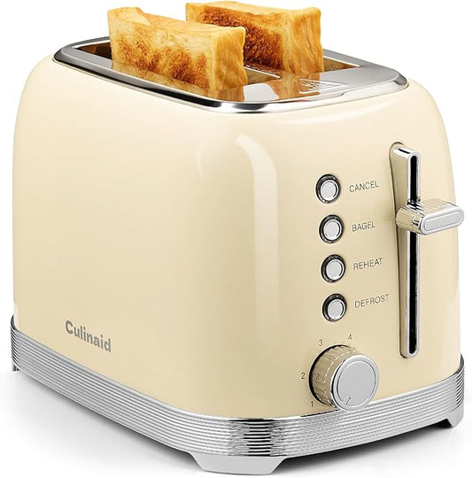 Toaster 2 Slice Retro Stainless Steel with 1.5” Extra Wide Slots Bagel, Defrost, Reheat, Cancel Functions, 6 Bread Shade Settings, Removable Crumb Tray, Cream White