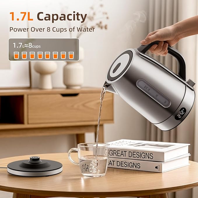 Kndko Electric Kettle,Temperature Adjustmenet, Stainless Steel Filter and Kettle,1.7L Tea Kettle & Hot Water Boiler For Coffee & Tea, Automatic Shut Off, 1500W, Silver
