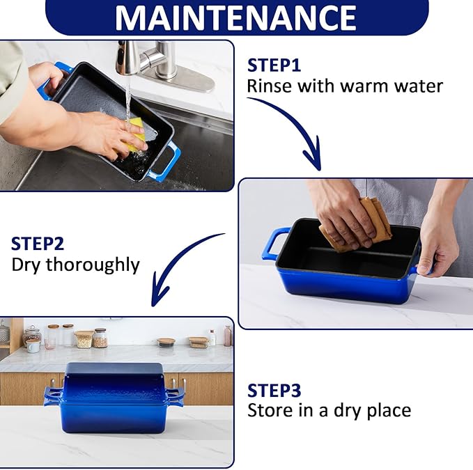 Leonyo 9 x 6 inch Cast Iron Loaf Pan with Lid, 2-in-1 Enameled Sourdough Baking Pan, Homemade Bread Dutch Oven for Pound Cake, Lasagna, Up to 500℉ & Blue