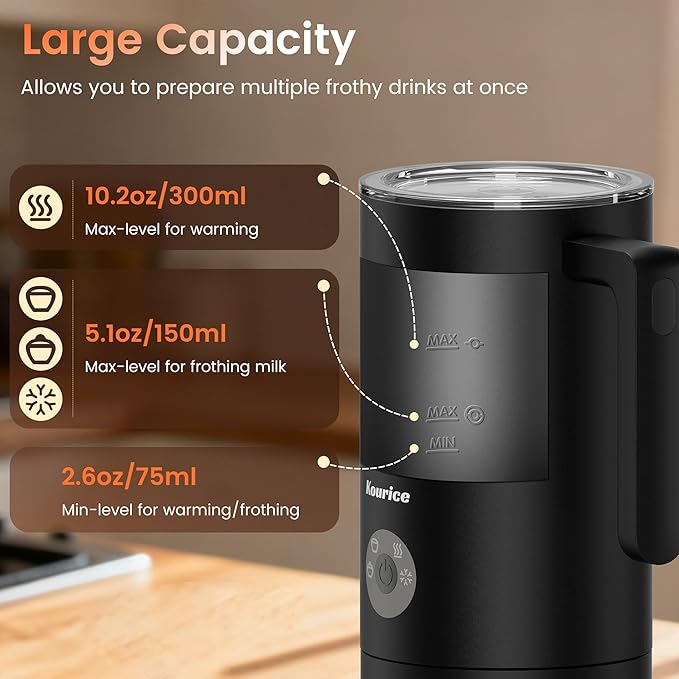 Milk Frother Electric, 4-in-1 Milk Frother and Steamer for Latte, Cappuccino, Hot & Cold Milk Froth Maker, Automatic Milk Steamer and Frother, Quiet One-Touch Operation, Easy to Clean