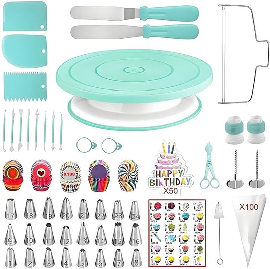 298 Pcs Cake Decorating Kit with Cake Turntable,Cake Leveler,24 Numbered Icing Tips,2 Spatulas,3 Comb Scrapers,8 Carved Pens,100 Pastry Bags,100 Paper Cupcake Liners, (Green)