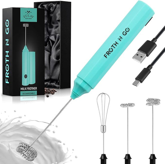 Zulay Kitchen FrothMate Powerful Milk Frother Portable & Compact Handheld Foam Maker Lattes, Cappuccinos (Aqua, Froth N Go)