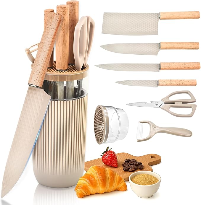 Knife Set, 7-Piece Kitchen Knife Set with Sharp Chef and Meat Knives, Anti-Rust Utility Knives Set for Kitchen, Kitchen Knife Block Set – Khaki