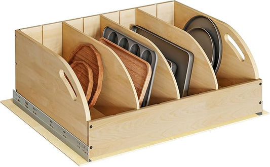WelFurGeer Birchwood Pot and Pan Organizer with Soft-Close Drawer, Pull Out Cabinet Organizer, Heavy-Duty Slide-Out Storage for Baking Sheets, Cutting Boards, and Kitchen Utensils