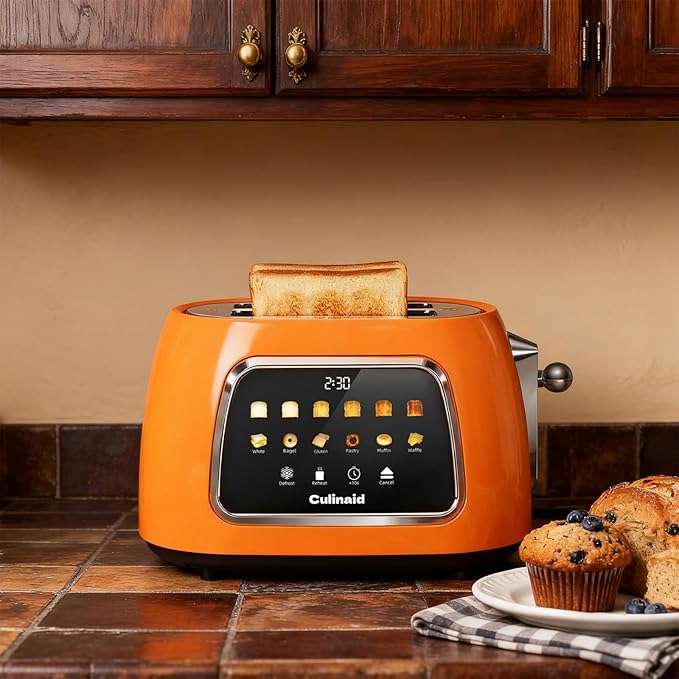 Toaster 2 Slice Smart Touch Screen, Retro 1.5'' Extra Wide Slot Stainless Steel Digital Bread Toaster with Memory Function, Bagel, Defrost, 6 Browning Level and Removable Crumb Tray, Orange