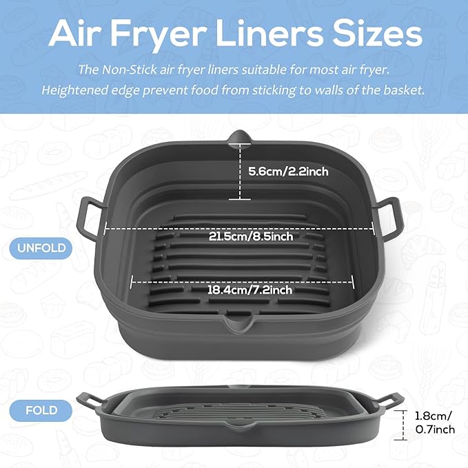 [2 Pack] Silicone Air Fryer Liners Square - Reusable Airfryer Basket - Easy to Clean Air Fryers Pot for 5.8 to 8 Qt Large Air Fryer Baking Tray Oven Accessories, 8.5 Inch