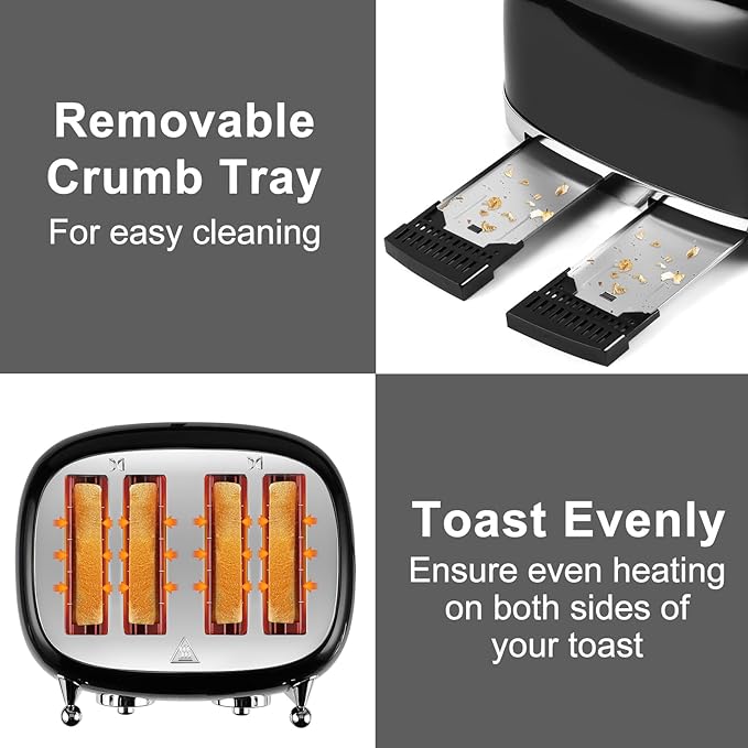 CUSIMAX Toaster 4 Slice, Retro Toaster with Wide Slots for Bagels, Stainless Steel toaster with 6 Toast Settings, Bagel, Cancel, Defrost & Reheat Functions, Dual Independent Control Panels, Black