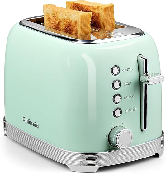 Toaster 2 Slice Retro Stainless Steel with 1.5” Extra Wide Slots Bagel, Defrost, Reheat, Cancel Functions, 6 Bread Shade Settings, Removable Crumb Tray, Aqua Green