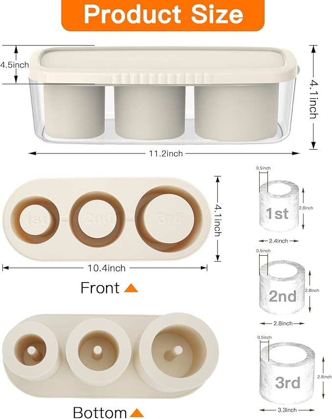 Ice Cube Tray for Tumbler Cup 30Oz-40Oz, 3 Pcs Silicone Cylinder Ice Mold with Lid and Bin for Freezer, Easy Fill and Release Ice Maker for Whiskey, Cocktail BPA-Free (White, 40Oz)
