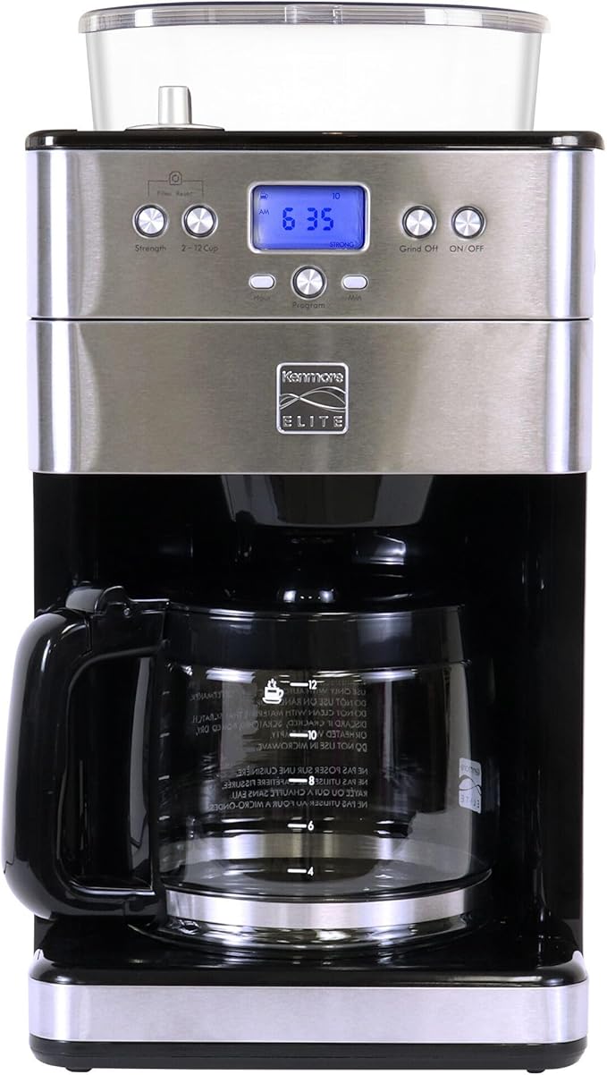 Kenmore Elite Grind and Brew Coffee Maker - Built-In Grinder, Automatic Drip Coffee Machine, 12 Cup Programmable Brewer, Bean Grinder and Ground Coffee Brewer, Coffee Maker and Grinder Combo