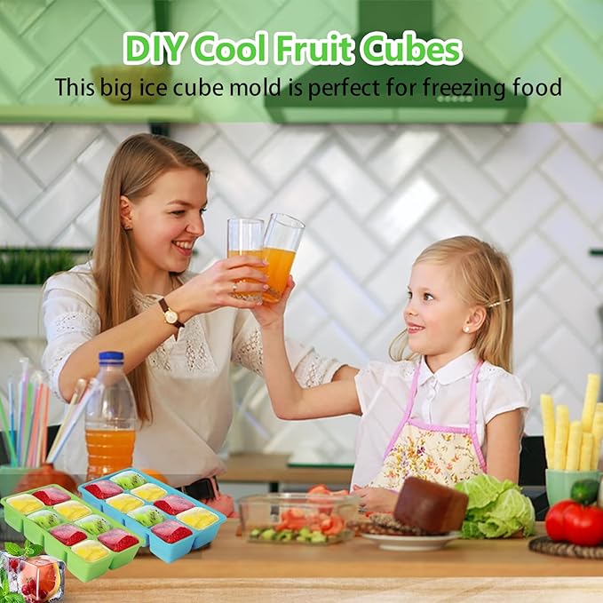 Large Ice Cube Molds 2 Pack, FURNSII Silicone Ice Cube Tray for Freezer with Lid, 8 Giant Square Cubes, Easy Release Stackable Ice Molds for Whisky Cocktails