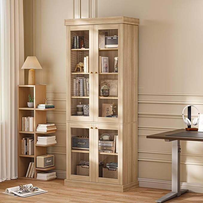 70.8" Tall Brown Bookshelf with Glass Doors, Farmhouse Modular Bookcase with 6-Tier Adjustable Shelves, Large Storage Cabinet for Home Office, Living Room, Set of 2