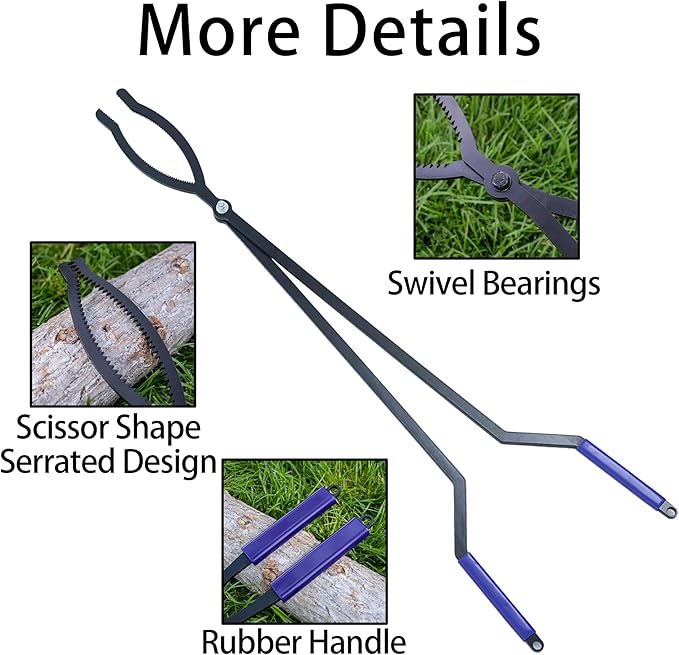 40” Heavy Duty Fire Tongs Firewood Grabber with Scissor Shape Serrated, Large Fire Pit Tool Outdoor/Indoor Bonfire Campfire Fireplace Tongs, A Pair of Gloves