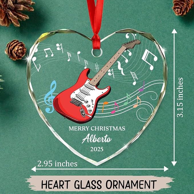 Customized Year Text Name Guitar Bass Lover Glass Ornament, Personalized Guitar Bass Christmas Ornaments Gift for Friends Coworker Besties Daughter Son, Novelty Instrument Glass Christmas Ornament