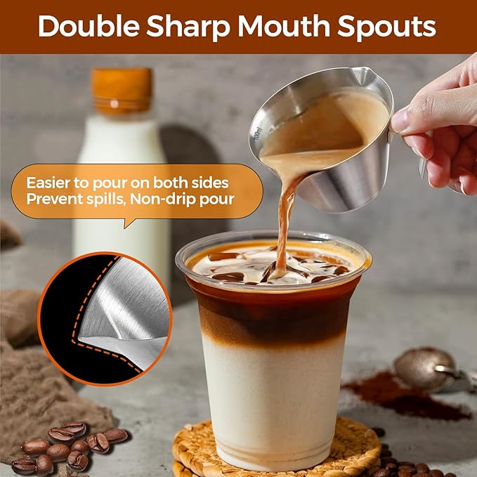 2Pcs Stainless Steel Espresso Cup, Double Spout Metal Espresso Measuring Cup with Handle, 3.4oz/100ml V-Shaped Mouth with Dual Scale (Silver+Black)