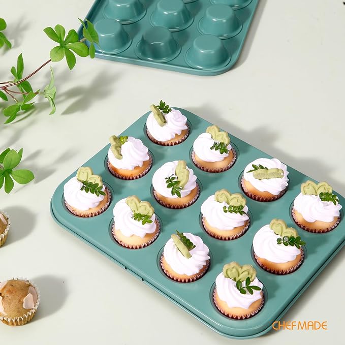 CHEFMADE Mini Muffin Cake Pan, Nonstick 12 Cavity Mini Muffin Bakeware Cupcake Pan for oven Baking（Green）