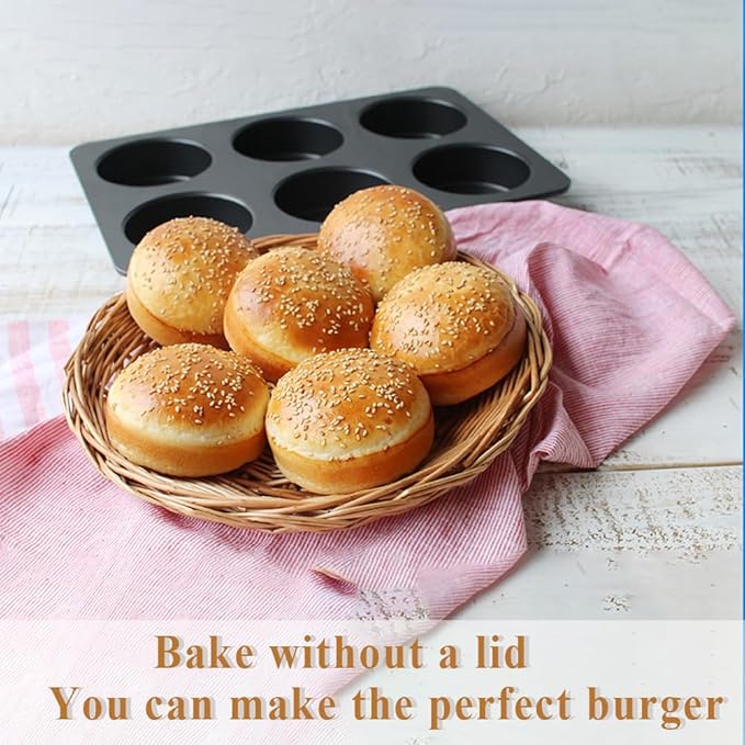 6 Cup Straight Side Jumbo English Muffin Cupcake Pan with Lid Hamburger Burger Bun Egg Sandwich Frittata Cinnamon Roll Focaccia Quiche Pancake Nonstick Baking Tin Tray Mold