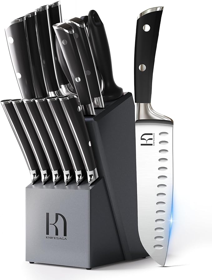 Premium Knife Set 15 Pcs Quality Kitchen Knife Set with Block, Japanese High Carbon Stainless Steel Razor Sharp Knife Block Set, Acacia Wood Block Knife Set with Ergonomic Full-tang Handle