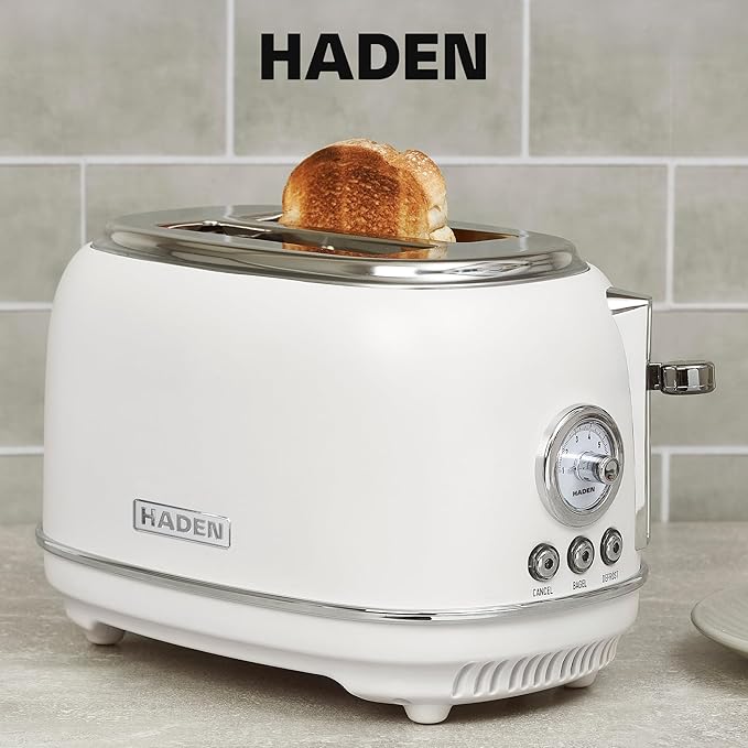 Haden Chelsea 2 Slice Wide Slot Toaster with Adjustable Browning Control, Ivory & Chrome