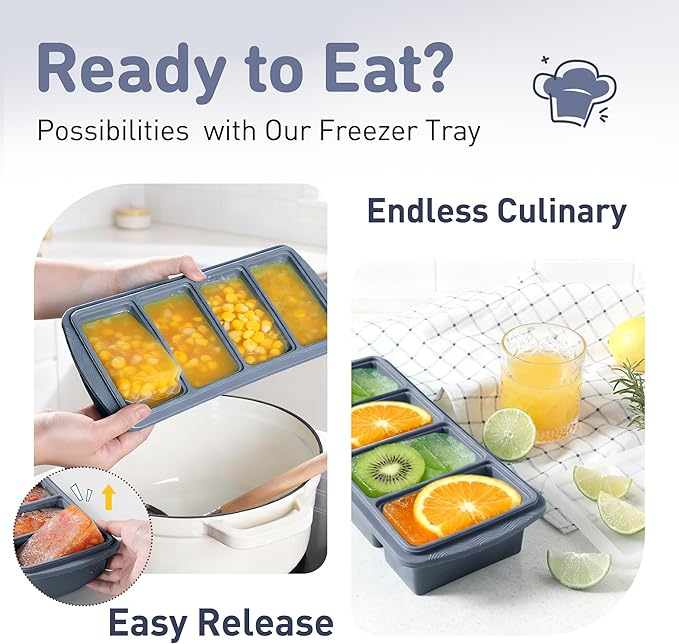 Silicone Freezer Tray with Lid Soup Freezer Container Molds with Steel Reinforced Rim Large Ice Cube Tray Makes 8 Perfect 1 Cup Portions Cubes Storage Food Ice Block Molds New Home Essentials