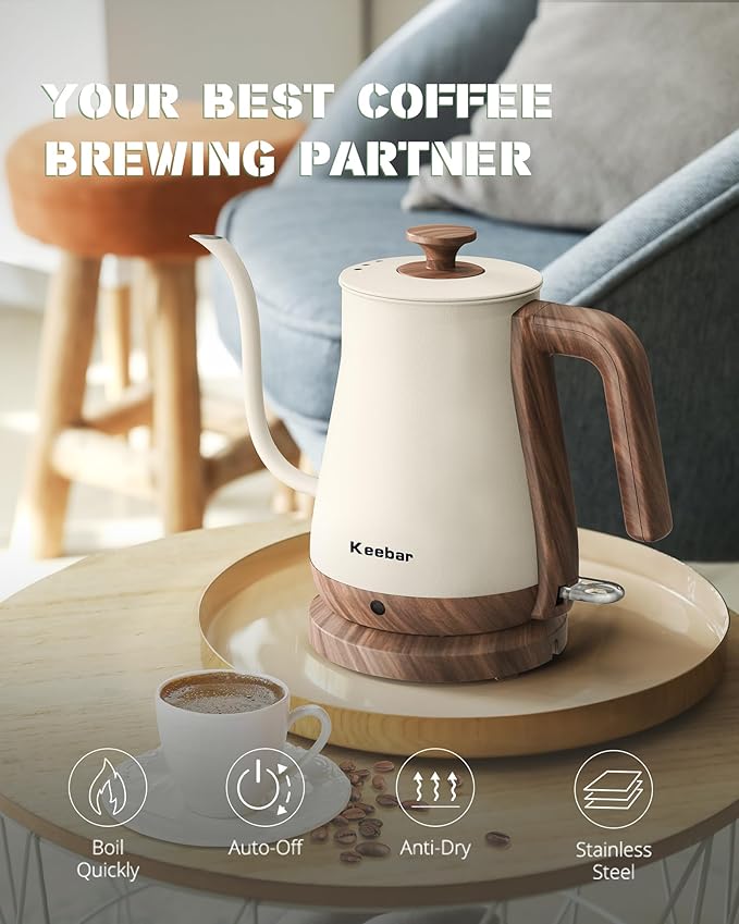 Gooseneck Electric Kettle, 1000W Electric Tea Kettle Stainless Steel, Pour Over kettle for Coffee, Wood-like Grain Finish Handle, Hot Water Kettle, Auto Shut Off, 0.8L, Beige