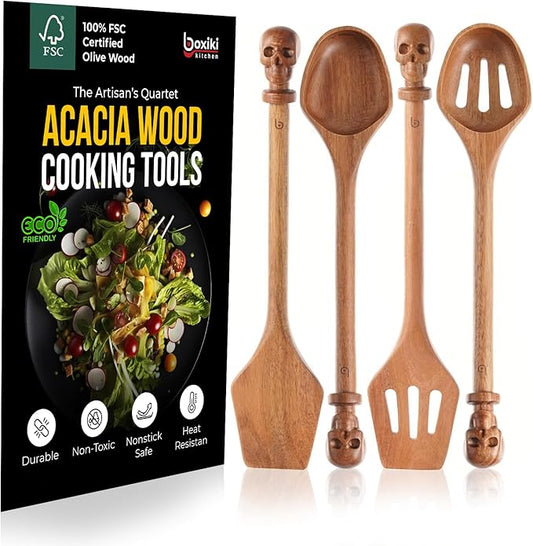 Acacia Wood Cooking Utensil Set with Skull Handles – 4-Piece FSC Certified Acacia Wood Kitchen Tools, Eco-Friendly Nonstick Safe Cooking Utensils (Spatula, Spoon, Slotted Turner, Slotted Spoon)