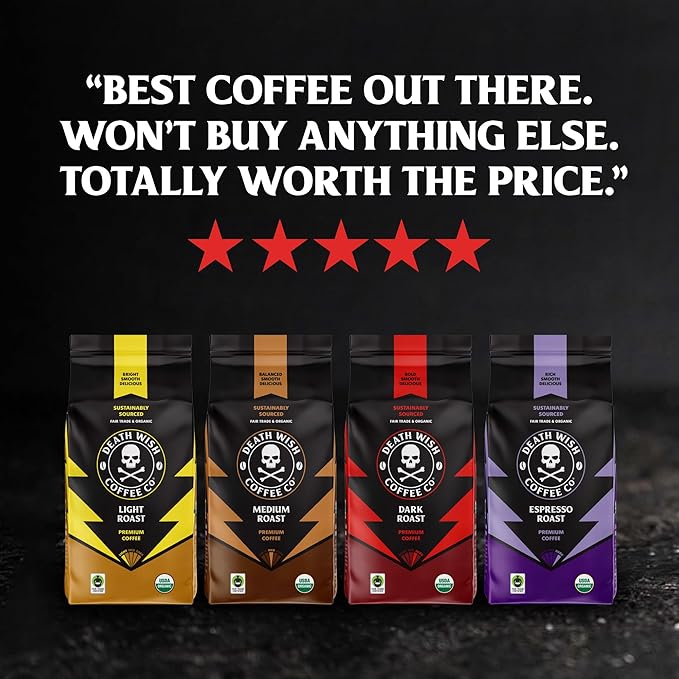 Death Wish Coffee, Organic and Fair Trade, Light Roast Ground Coffee, 16oz