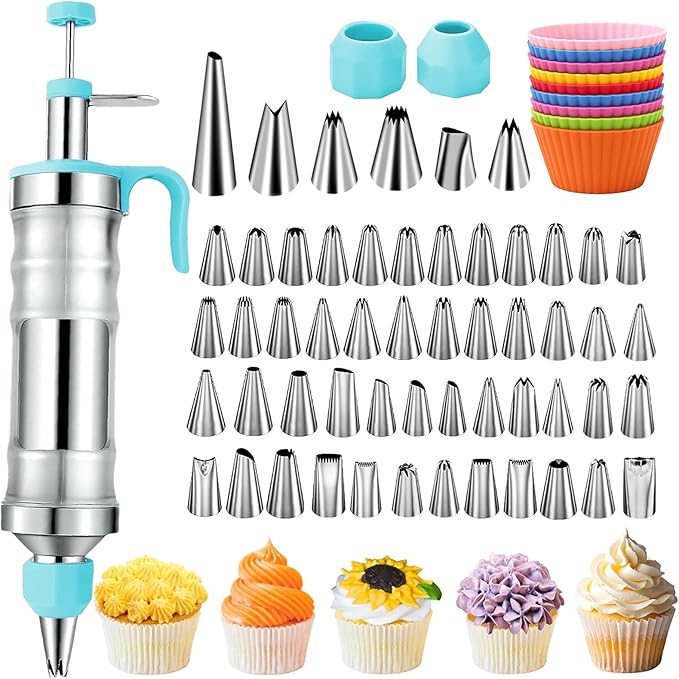Suuker Dessert Decorating Syringe Set, Frosting Piping Kit Stainless Steels Cake Decorating Tools with 54 Piping Tips, 9 Silicone Baking Cups, Cupcake Decorating Kit