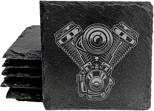 Rev Up Your Ride: V-Twin Engine Coasters for Bikers - Square Slate - Set of 8