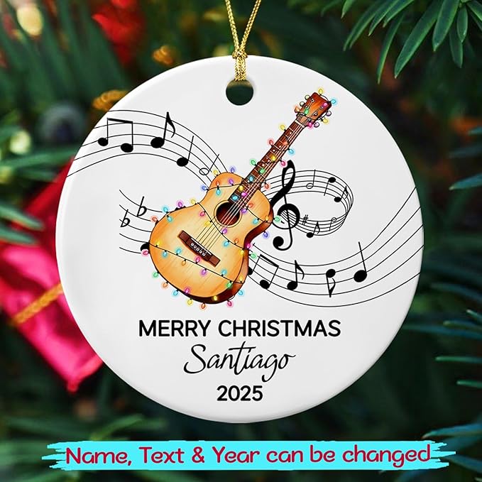 Custom Text Year Name Guitar Player Ceramic Christmas Ornament, Unique Guitar Instrument Ornament Gift for Guitarist Grandparent Dad Mom Brother Sister, Personalized Guitar Musical Ceramic Ornaments
