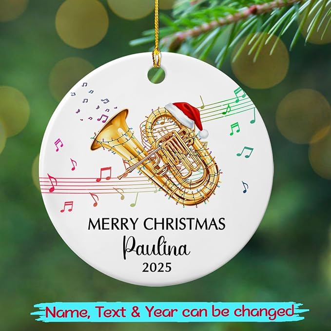 Tuba Musical Instrument Ceramic Ornament, Customized Year Text Name Tubist Tubaist Christmas Ornaments Gift for Women Men Husband Wife Dad Mom Tuba Player, Personalized Tubas Xmas Instrument Ornament