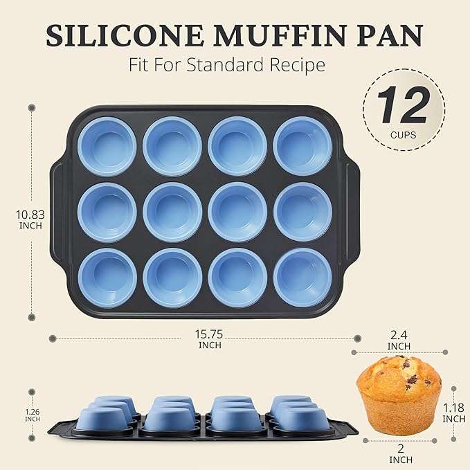Silicone Muffin Pans for Baking with Metal Frame, Egg Bite Molds, Cupcake Pans 12 Regular Size, Muffin Tins Easy to Pop Nonstick Non Toxic Bakeware for Oven,Blue