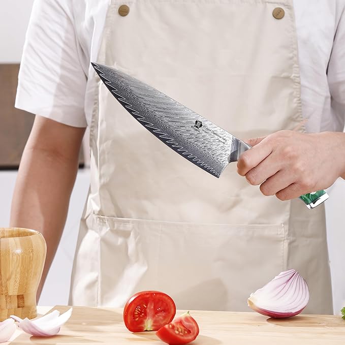 WILDMOK Chef Knife, 8 inch Damascus Japanese Kitchen Cooking Knife,Japanese VG10 Steel Green Resin Handle kitchen knives,Damascus chef's knives Including Gift Box