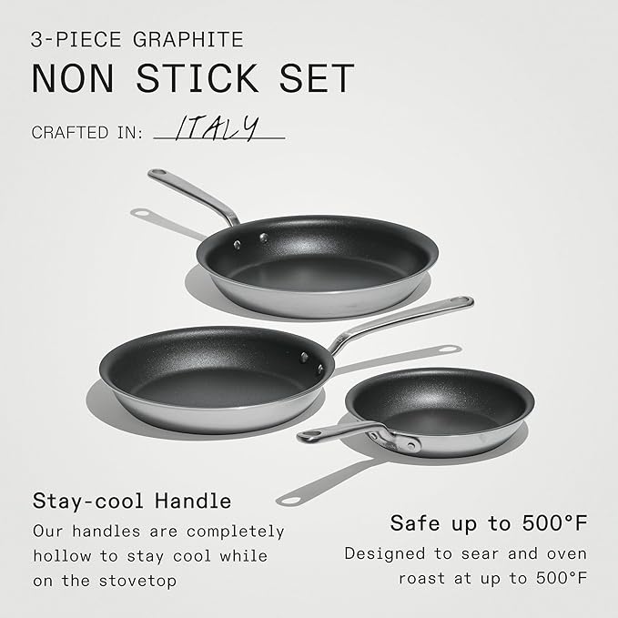 Made In Cookware - ProCoat Non Stick 3 Piece Frying Pan Set (Includes 8",10",12") - 5 Ply Stainless Clad - Professional Cookware - Crafted in USA - Induction Compatible - (Graphite)