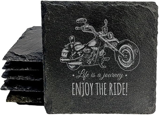 Coast in Style: Rustic Slate Coasters with Motorcycle Design - Square Slate - Set of 4
