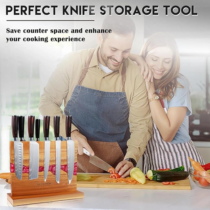 MEN WITH THE POT Magnetic Knife Holder 13 x 10 Inches, Multifunctional Double Sided Magnetic Knife Block Rack, Wood & Red Epoxy Universal Magnetic Knife Storage Stand for Kitchen Counter