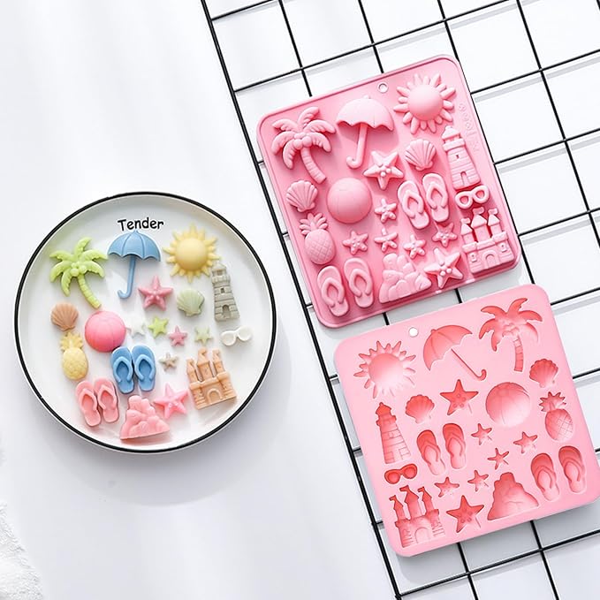 Summer Beach Theme Silicone Molds, Summer Beach Chocolate Silicone Molds 44 Cavity Gummy Mold Candy Mold for DIY Resin Product Cookie Ice Cube Baking Mould 2PCS Pink