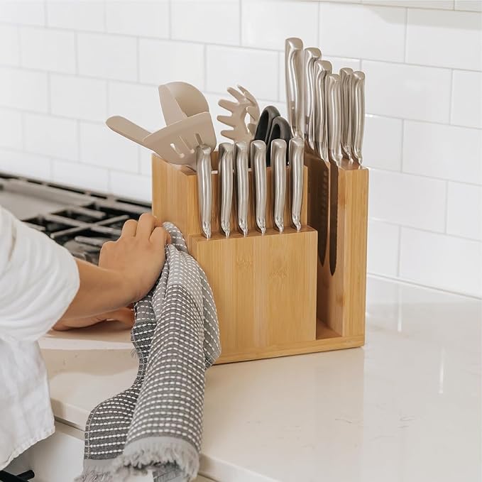 KitchenEdge Bamboo Magnetic Knife Block and Cooking Utensil Holder, Sleek Storage for Chefs Knives, Steak Knives, Spatulas, Scissors, Non-Slip Rubber Feet, Easy to Clean, Kitchen Countertop Organizer