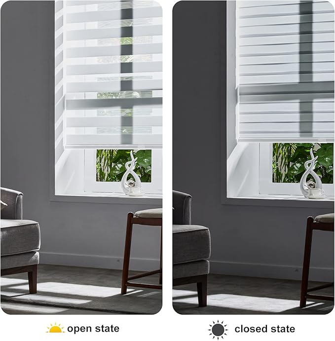 Persilux Cordless Zebra Blinds for Indoor Windows, Free-Stop Light Filtering Sheer Shades, Dual Layer for Day and Night, Roller Shades for Home (27.5" W X 64" H, White)