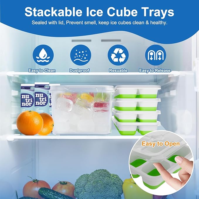 Ice Cube Tray, Ice Cube Trays for Freezer 4 Pack with Lid and Bin, Ice Tray Easy-Release, Ice Trays for Freezer Stackable, Silicone Ice Cube Tray for Drinks, Coffee - BPA-Free and Odor-Free