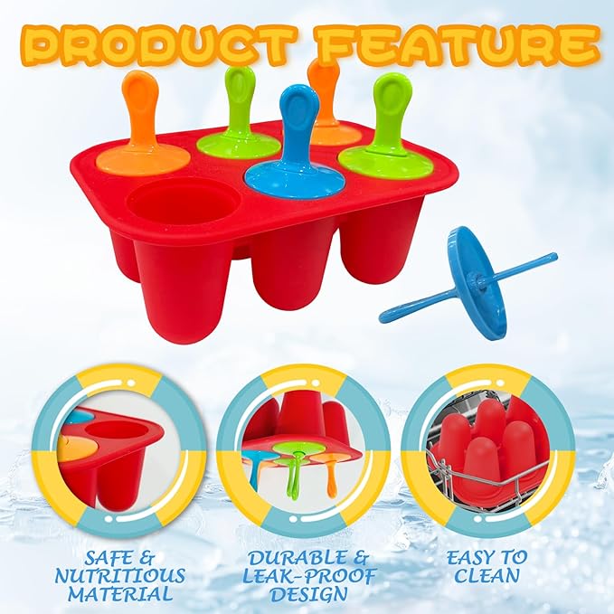6-Cavity Silicone Popsicles Molds, Reusable Mini Ice Pop Makers with 6 Colorful Sticks, Red Small Ice Cream Mold for Homemade Frozen Dessert