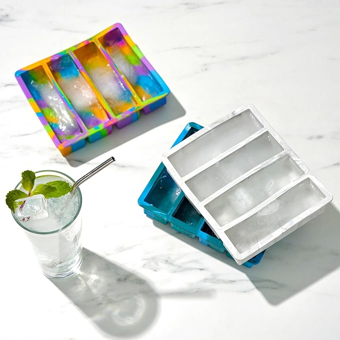 Host Ice Cube Tray, Makes Four 5-Inch Long Cubes, Durable Silicone Trays with Easy Release Design, Perfect for Water Bottles and Highball Glasses, Home Bar Accessories, Set of 1, Colored Marble