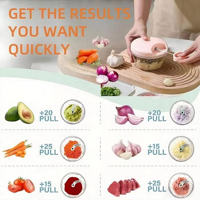 ‌Manual Food Processor Vegetable Chopper, Portable Hand Pull String Garlic Mincer Onion Cutter for Veggies, Suitable for Vegetables, Ginger, Garlic, Fruits, Onion, Potato, Salad (Pink 500 ml)‌