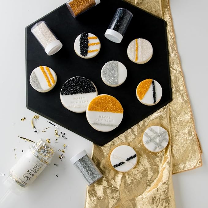 Sweets Indeed Metallic Sugar Crystals 4-Pack – 4.52 oz | Black, Gold, Silver & White Sparkling Sugars in Individual Jars | Premium Baking & Decorating Sugars for Holidays, Parties & Desserts