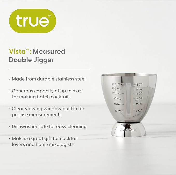 True Vista Stainless Steel Double Jigger for Bartending, Cocktail Measuring Jiggers for Margarita, Whiskey Sour, Bloody Mary, Mocktails and Other Drinks, Home Bar Accessories, 6 oz & 1 oz, Set of 1