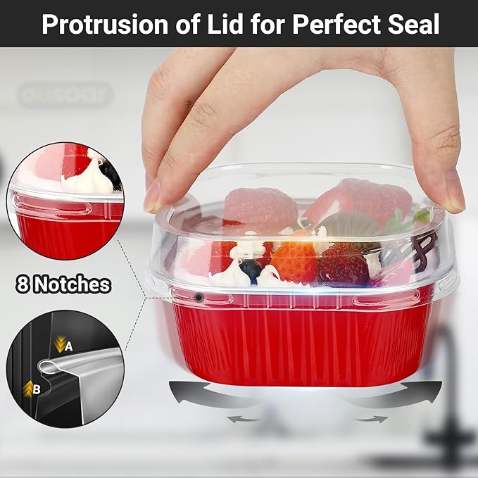 EUSOAR Disposable Ramekins with lids, 10oz 50pcs Square Baking Cups with Lids, 300ml Muffin Liners Snacks Desserts Flan, Pie Ramekin, Recyclable Catering Gathering Wedding Party Favor Baking Cups-Red