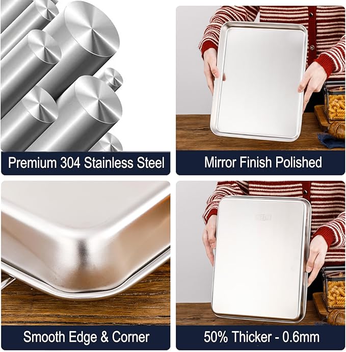 Extra Small Baking Sheet Pans Stainless Steel 304 Tiny Little Serving Tray 9.3 x 6.9 x1.1Inch (Diagonal 10.63) Dishwasher Safe No Rust Reheat Food for 1~2 Person 6 Pack