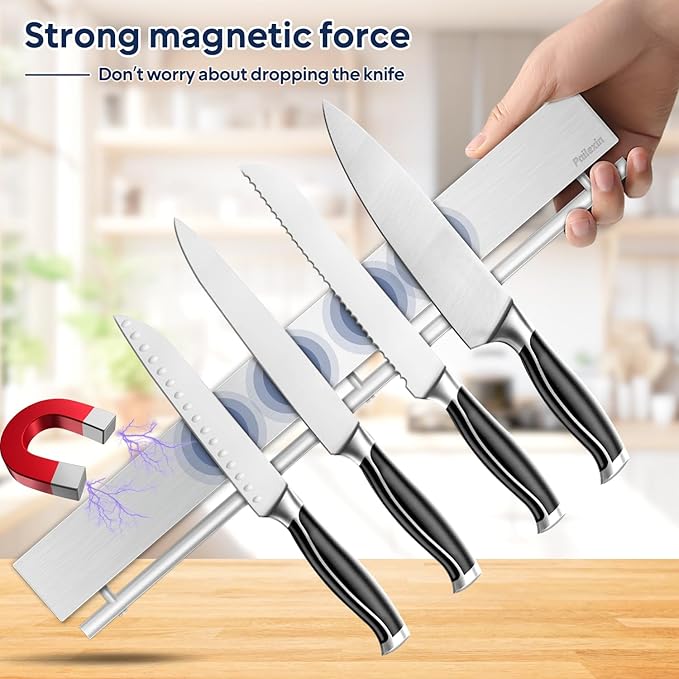 17 inch Magnetic Knife Holder with 10 Hooks, No Drilling Wall Mount, Powerful Magnet Rack