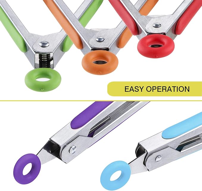 MSY BIGSUNNY Kitchen Food Tongs - 7" Mini Silicone Serving Tongs - Set of 6 (purple red orange green yellow blue)